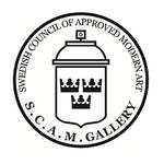 SCAM Gallery logo. Swedish Street Art incuding Akay, Klisterpeter, Nug, Uzi, Mobstr, Banksy, Space Invader